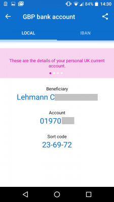 Sort code and my own account number - click to enlarge