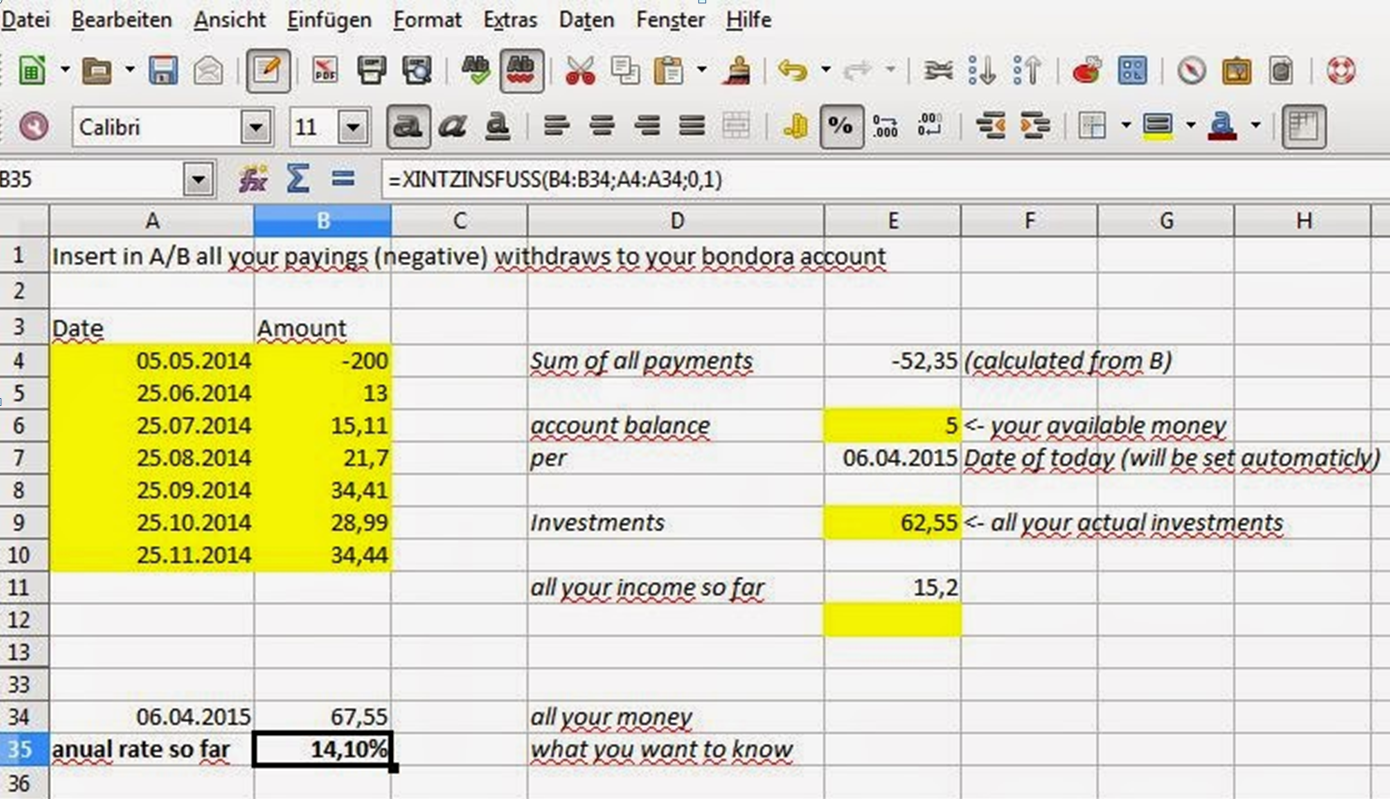 P2P Lending XIRR calculation Excel
